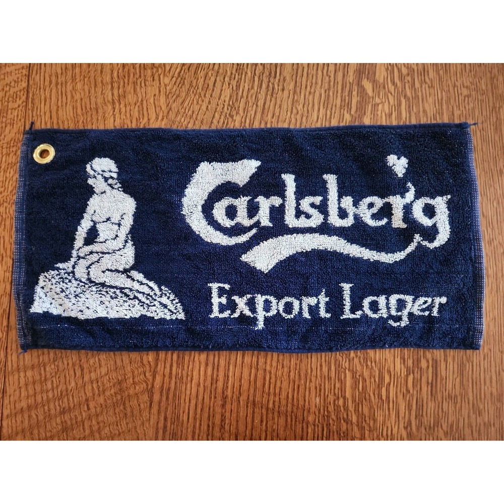Vintage Carlsberg Lager Blue and White Grommeted Bar Towel Mermaid